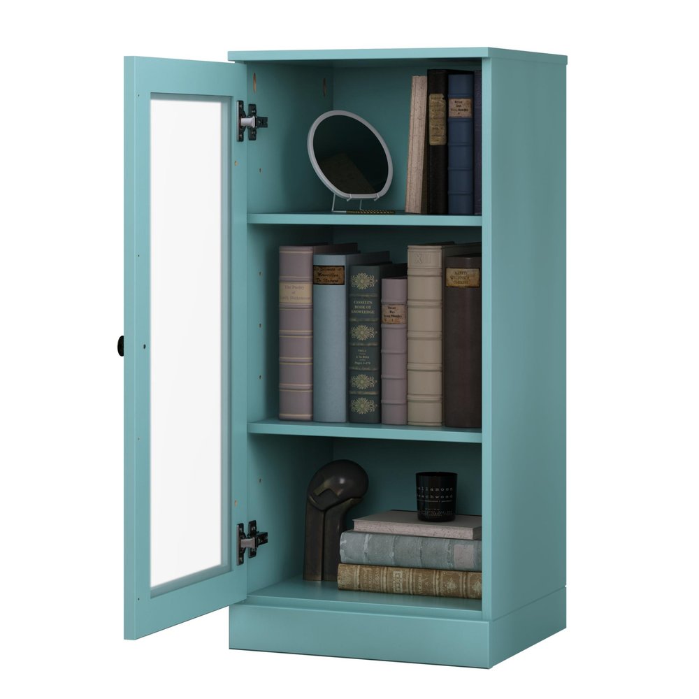 36" Aqua Solid Wood Adjustable Three Tier Library Bookcase with One Door — view 2