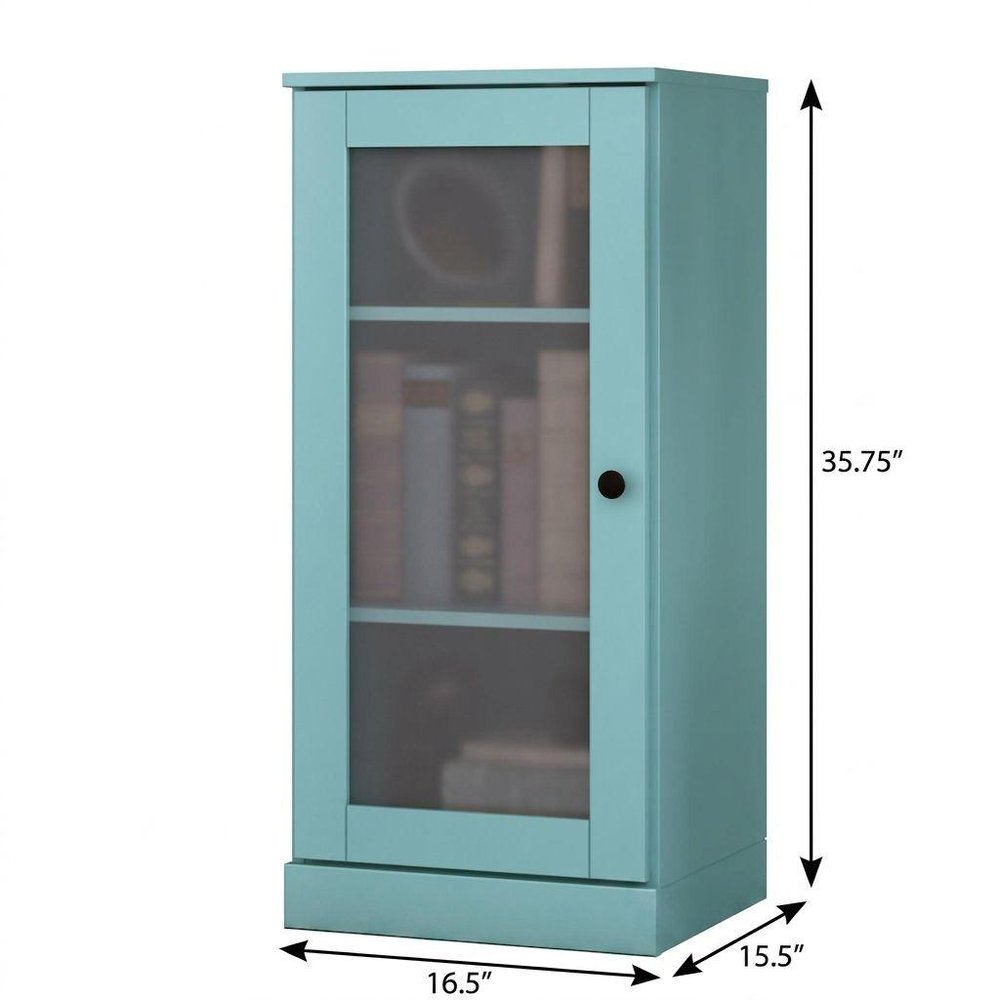 36" Aqua Solid Wood Adjustable Three Tier Library Bookcase with One Door HomeRoots