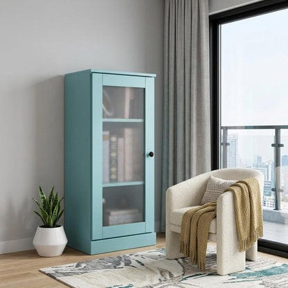 36" Aqua Solid Wood Adjustable Three Tier Library Bookcase with One Door HomeRoots
