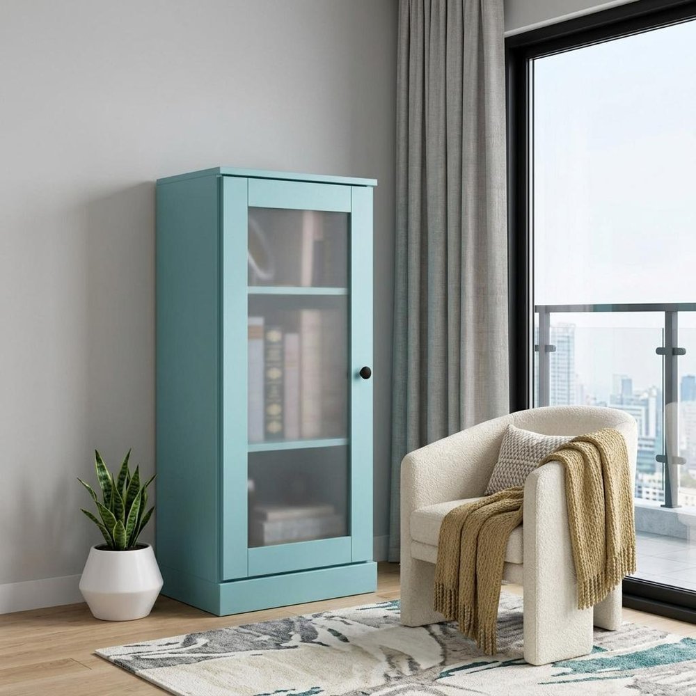 36" Aqua Solid Wood Adjustable Three Tier Library Bookcase with One Door — view 6