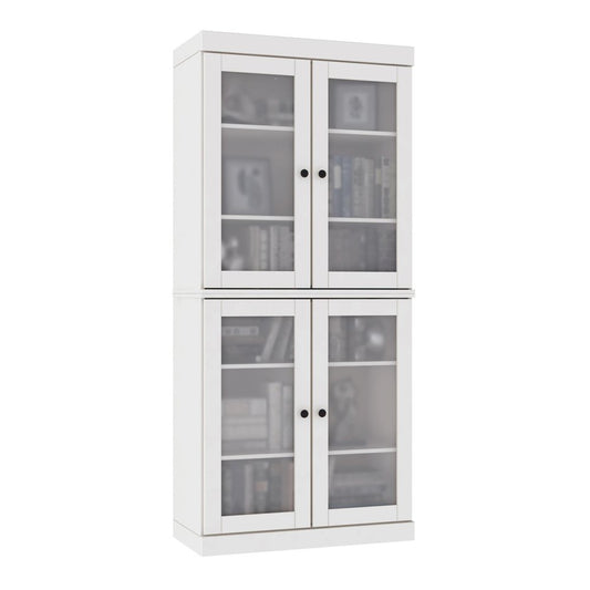 72" White Solid Wood Adjustable Six Tier Library Bookcase with Four Doors