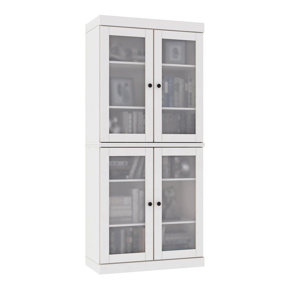 72" White Solid Wood Adjustable Six Tier Library Bookcase with Four Doors HomeRoots