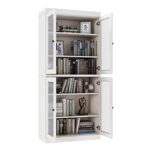 72" White Solid Wood Adjustable Six Tier Library Bookcase with Four Doors