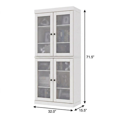 72" White Solid Wood Adjustable Six Tier Library Bookcase with Four Doors HomeRoots