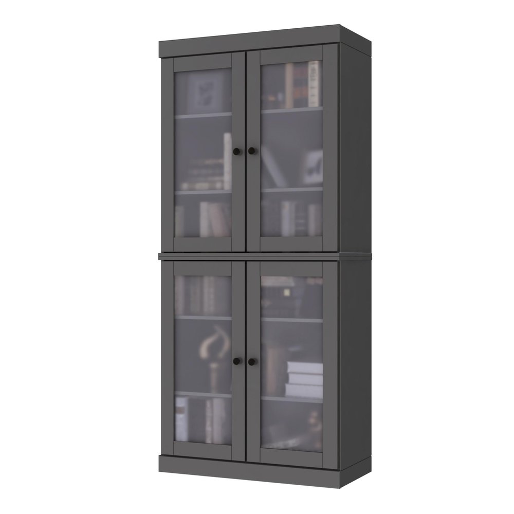 72" Gray Solid Wood Adjustable Six Tier Library Bookcase with Four Doors HomeRoots