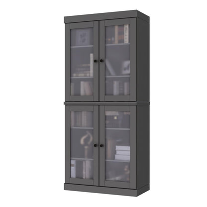 72" Gray Solid Wood Adjustable Six Tier Library Bookcase with Four Doors HomeRoots