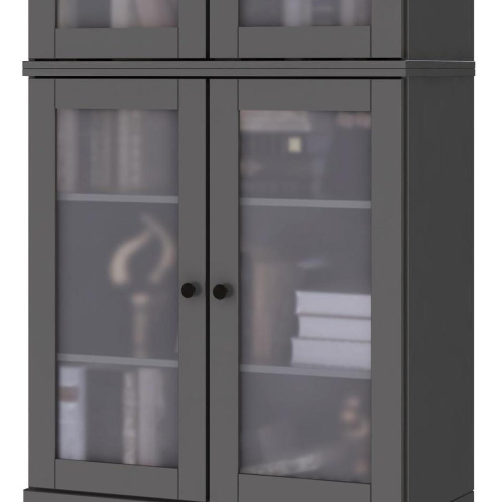 72" Gray Solid Wood Adjustable Six Tier Library Bookcase with Four Doors — view 1