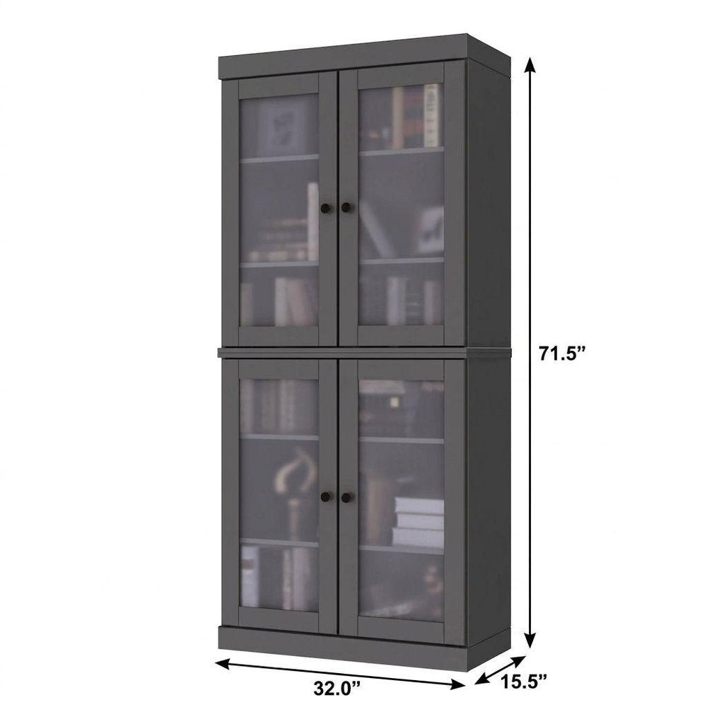 72" Gray Solid Wood Adjustable Six Tier Library Bookcase with Four Doors HomeRoots