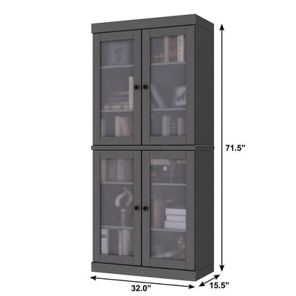 72" Gray Solid Wood Adjustable Six Tier Library Bookcase with Four Doors HomeRoots