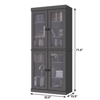 72" Gray Solid Wood Adjustable Six Tier Library Bookcase with Four Doors