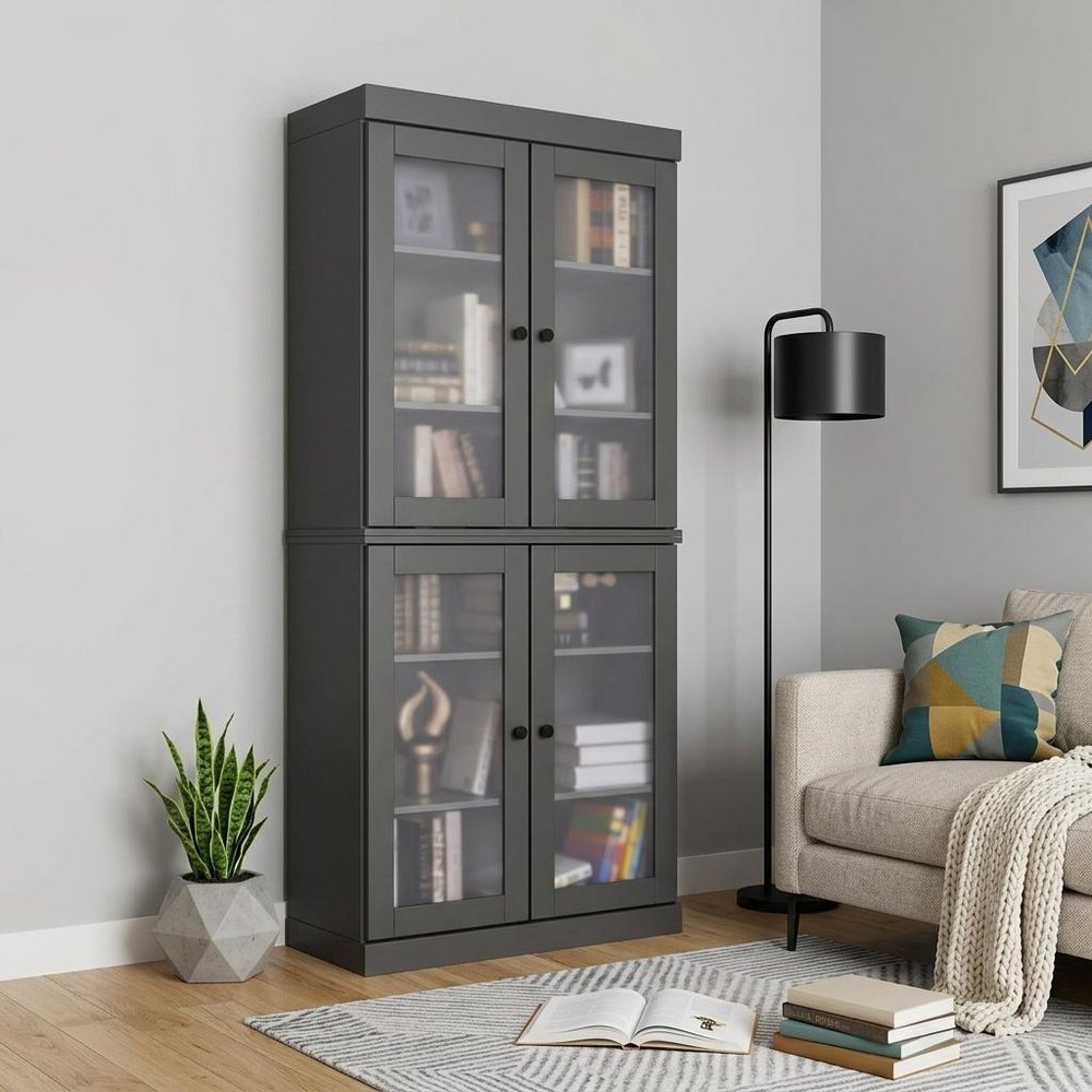 72" Gray Solid Wood Adjustable Six Tier Library Bookcase with Four Doors HomeRoots