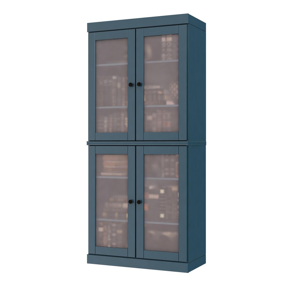72" Teal Blue Solid Wood Adjustable Six Tier Library Bookcase with Four Doors — view 1