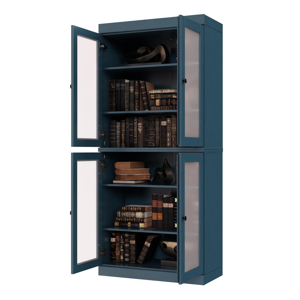 72" Teal Blue Solid Wood Adjustable Six Tier Library Bookcase with Four Doors — view 2
