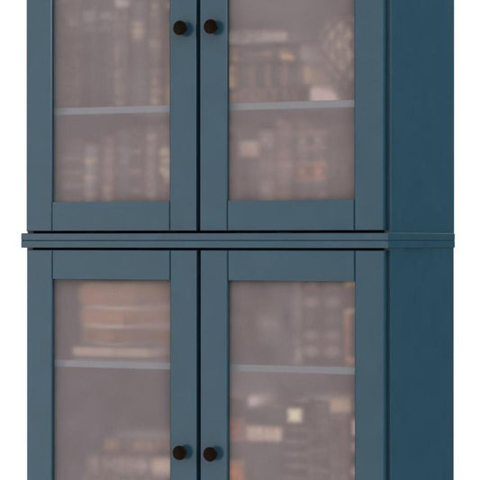 72" Teal Blue Solid Wood Adjustable Six Tier Library Bookcase with Four Doors