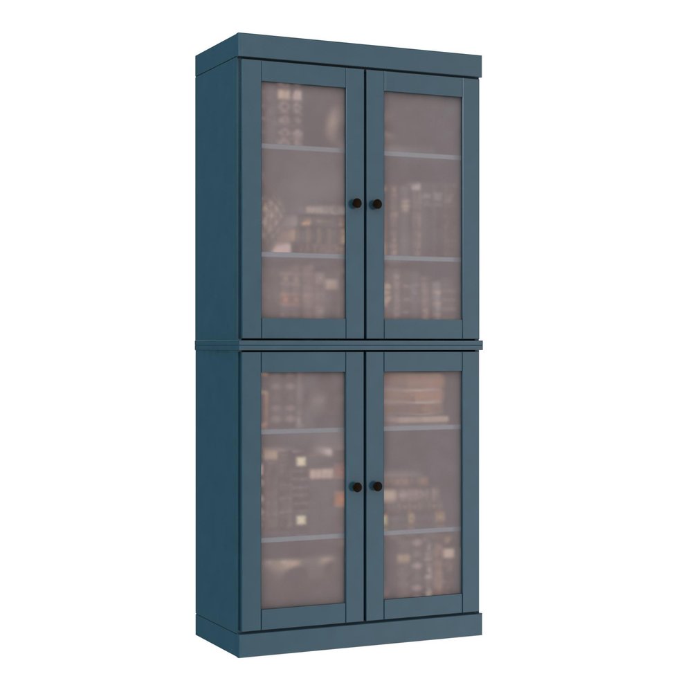 72" Teal Blue Solid Wood Adjustable Six Tier Library Bookcase with Four Doors HomeRoots