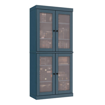 72" Teal Blue Solid Wood Adjustable Six Tier Library Bookcase with Four Doors HomeRoots