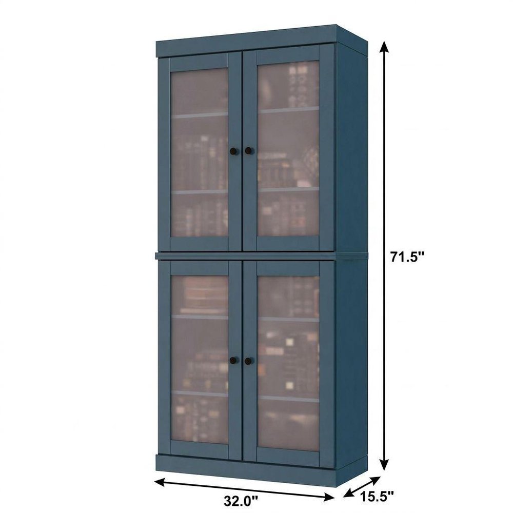 72" Teal Blue Solid Wood Adjustable Six Tier Library Bookcase with Four Doors — view 5