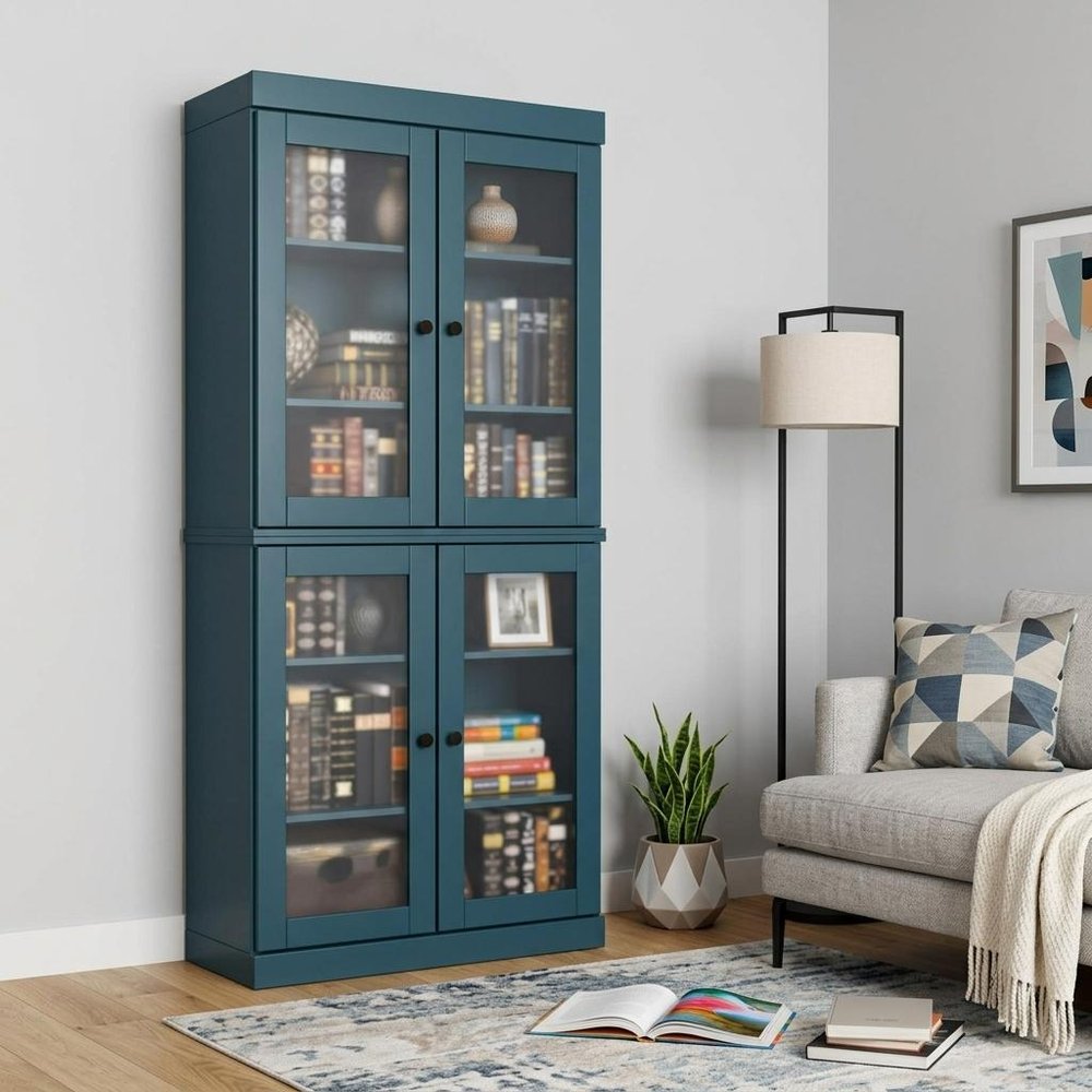 72" Teal Blue Solid Wood Adjustable Six Tier Library Bookcase with Four Doors — view 5