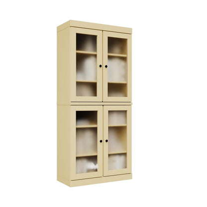 72" Yellow Solid Wood Adjustable Six Tier Library Bookcase with Four Doors