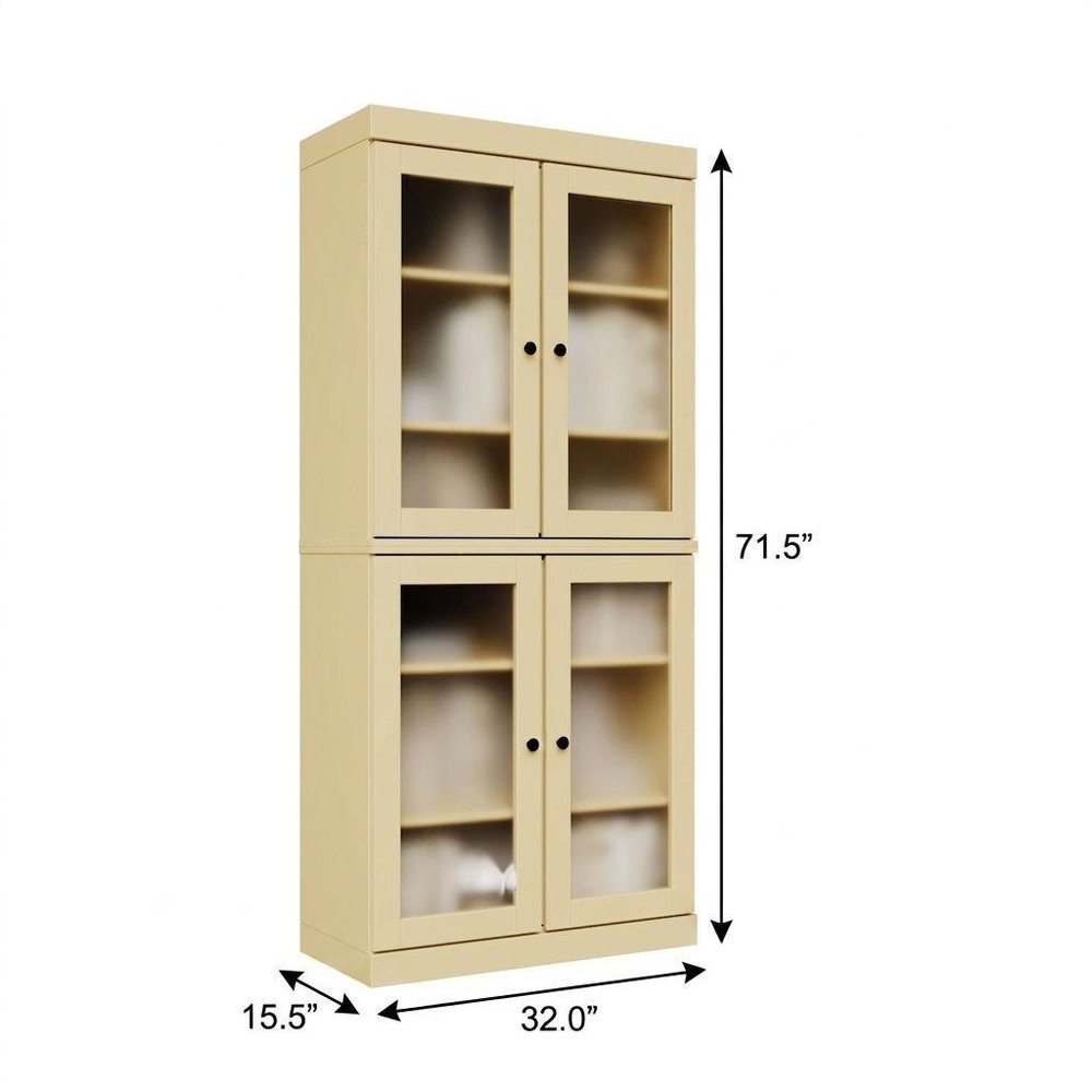 72" Yellow Solid Wood Adjustable Six Tier Library Bookcase with Four Doors HomeRoots