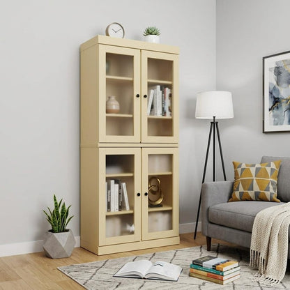 72" Yellow Solid Wood Adjustable Six Tier Library Bookcase with Four Doors