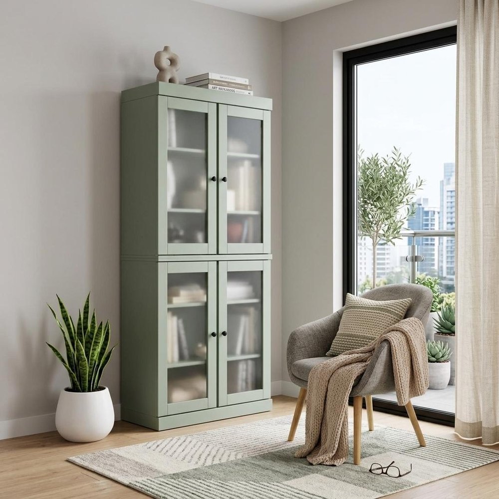 72" Sage Solid Wood Adjustable Six Tier Library Bookcase with Four Doors — view 5