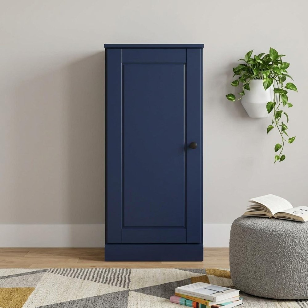 36" Navy Blue Solid Wood Adjustable Three Tier Library Bookcase with One Door — view 3