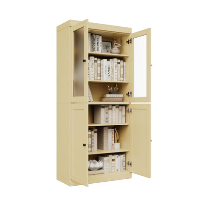 72" Yellow Solid Wood Adjustable Six Tier Library Bookcase with Four Doors HomeRoots