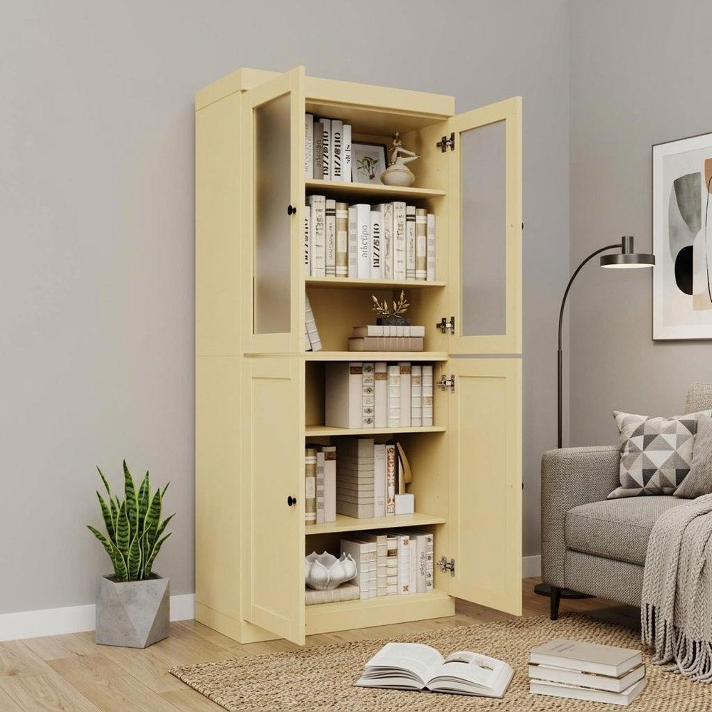 72" Yellow Solid Wood Adjustable Six Tier Library Bookcase with Four Doors HomeRoots