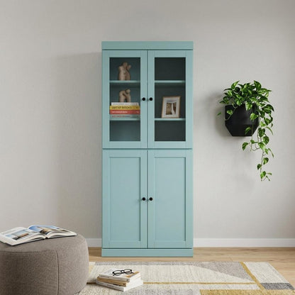 72" Aqua Solid Wood Adjustable Six Tier Library Bookcase with Four Doors HomeRoots