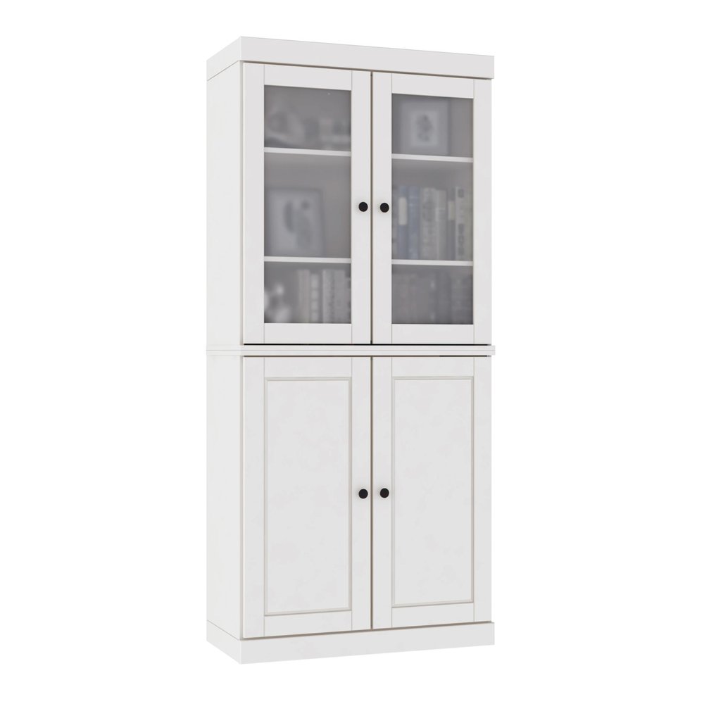 72" White Solid Wood Adjustable Six Tier Library Bookcase with Four Doors HomeRoots