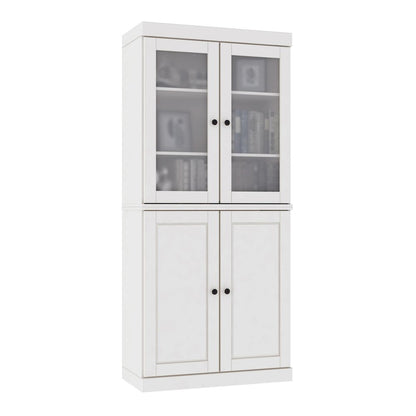 72" White Solid Wood Adjustable Six Tier Library Bookcase with Four Doors HomeRoots