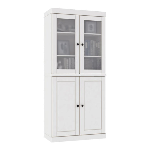 72" White Solid Wood Adjustable Six Tier Library Bookcase with Four Doors