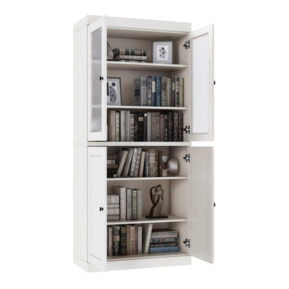 72" White Solid Wood Adjustable Six Tier Library Bookcase with Four Doors