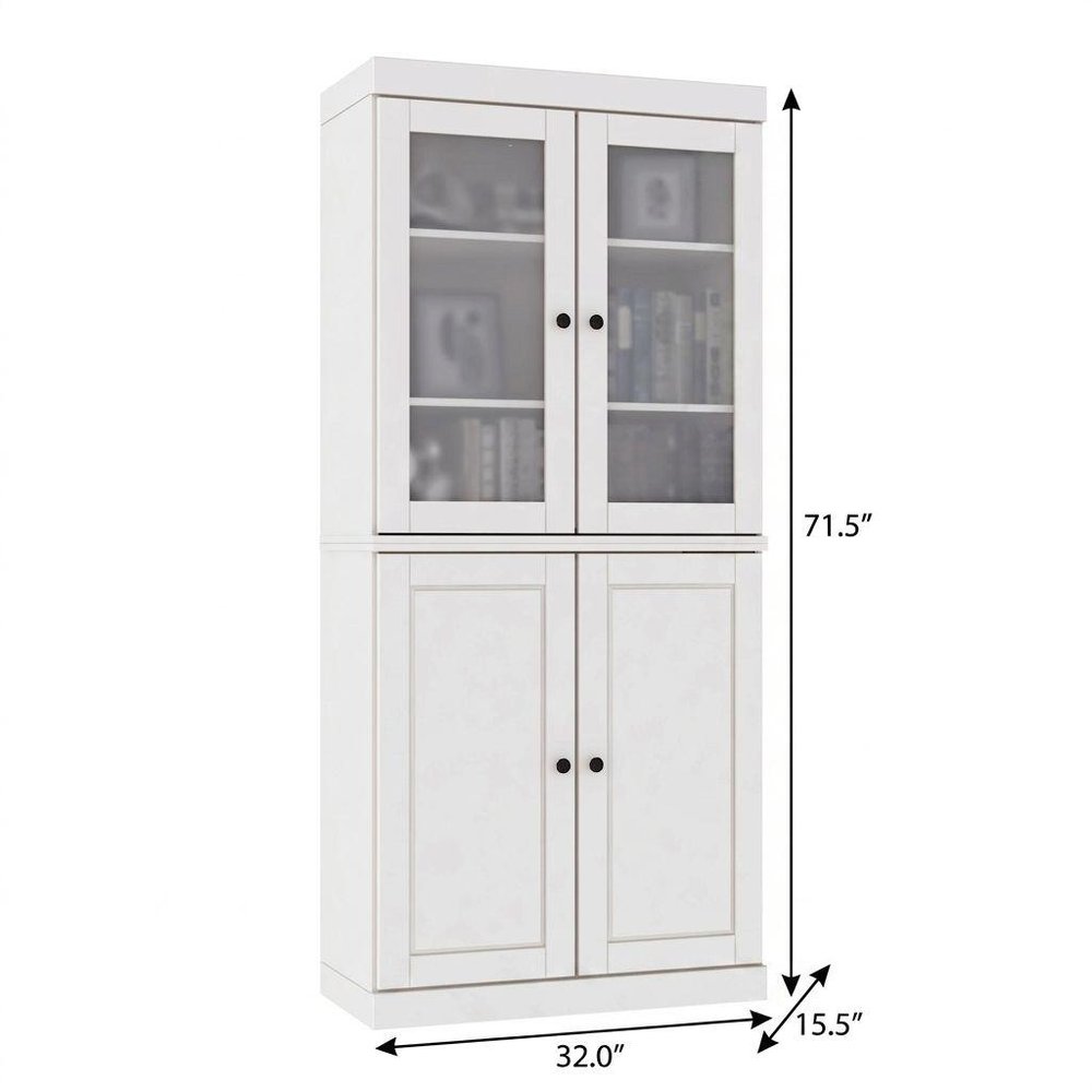 72" White Solid Wood Adjustable Six Tier Library Bookcase with Four Doors — view 3