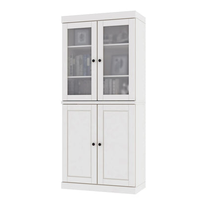 72" White Solid Wood Adjustable Six Tier Library Bookcase with Four Doors HomeRoots