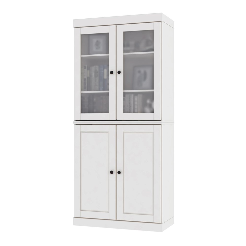 72" White Solid Wood Adjustable Six Tier Library Bookcase with Four Doors HomeRoots