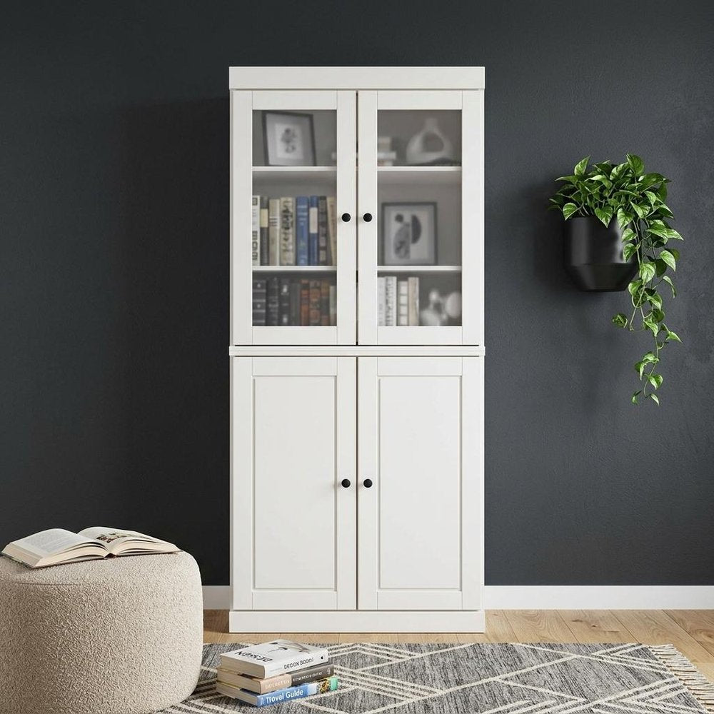 72" White Solid Wood Adjustable Six Tier Library Bookcase with Four Doors — view 5