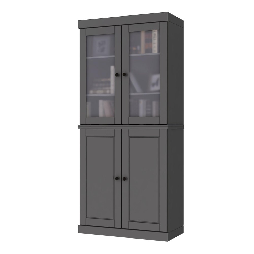 72" Gray Solid Wood Adjustable Six Tier Library Bookcase with Four Doors HomeRoots