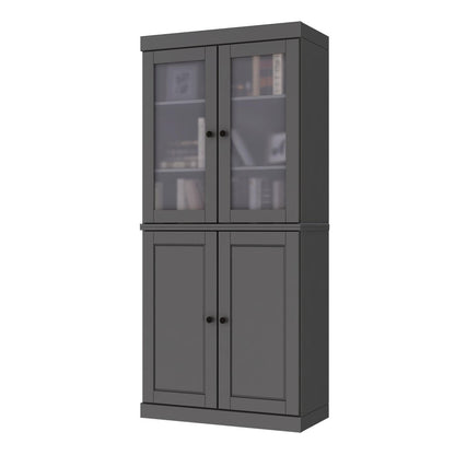 72" Gray Solid Wood Adjustable Six Tier Library Bookcase with Four Doors HomeRoots