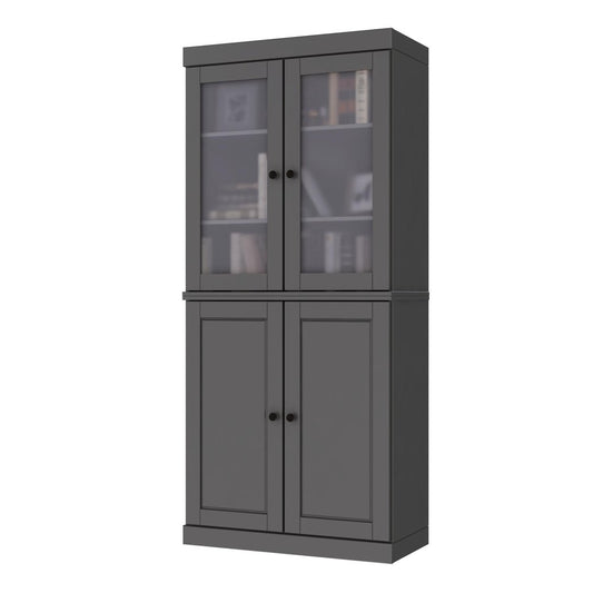 72" Gray Solid Wood Adjustable Six Tier Library Bookcase with Four Doors HomeRoots