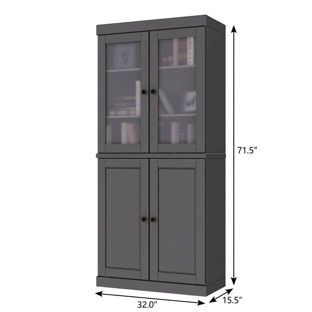 72" Gray Solid Wood Adjustable Six Tier Library Bookcase with Four Doors — view 2
