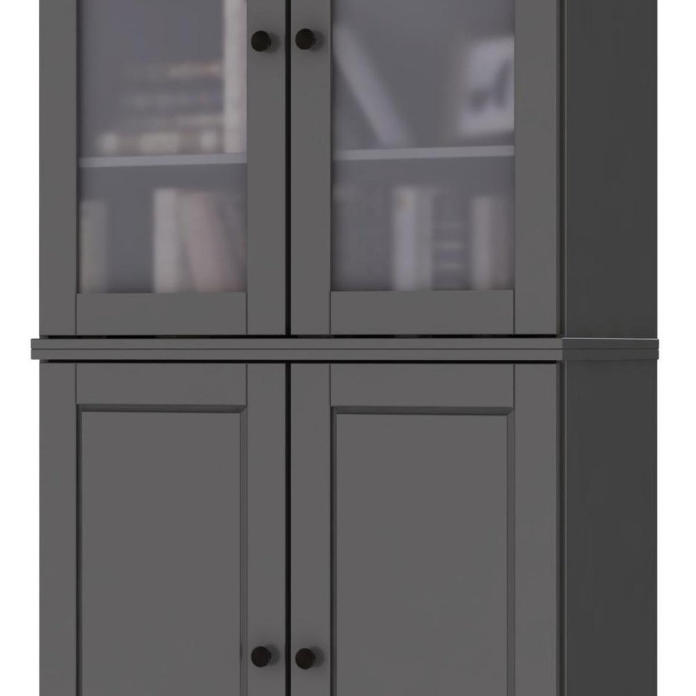 72" Gray Solid Wood Adjustable Six Tier Library Bookcase with Four Doors — view 3