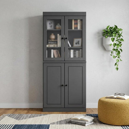 72" Gray Solid Wood Adjustable Six Tier Library Bookcase with Four Doors HomeRoots