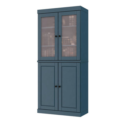 72" Teal Blue Solid Wood Adjustable Six Tier Library Bookcase with Four Doors HomeRoots