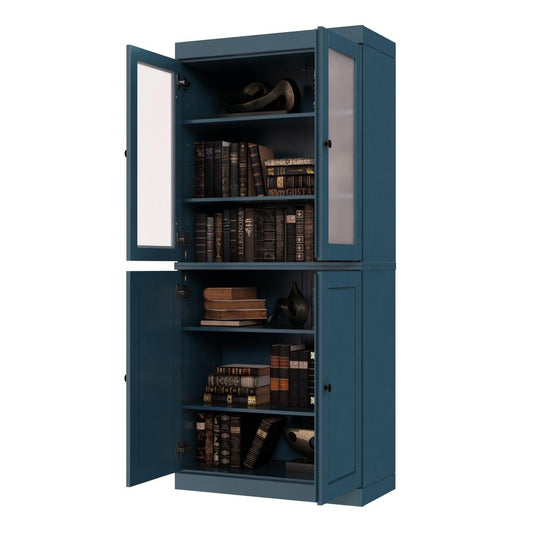72" Teal Blue Solid Wood Adjustable Six Tier Library Bookcase with Four Doors