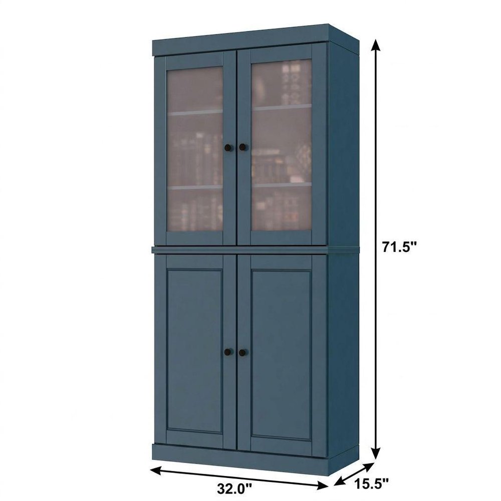 72" Teal Blue Solid Wood Adjustable Six Tier Library Bookcase with Four Doors HomeRoots