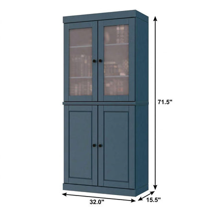 72" Teal Blue Solid Wood Adjustable Six Tier Library Bookcase with Four Doors HomeRoots