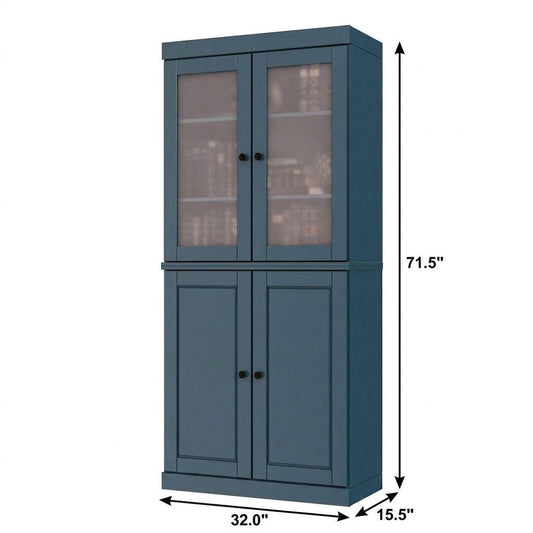 72" Teal Blue Solid Wood Adjustable Six Tier Library Bookcase with Four Doors