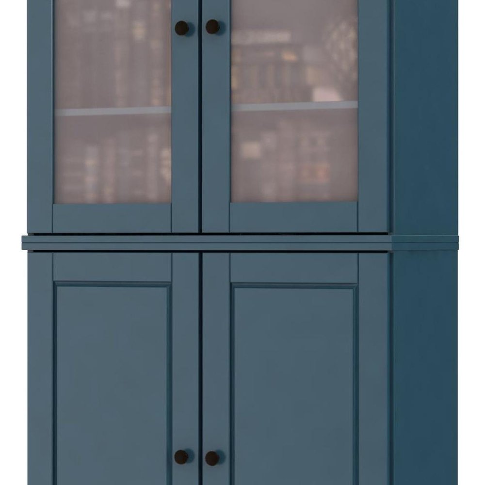 72" Teal Blue Solid Wood Adjustable Six Tier Library Bookcase with Four Doors — view 4